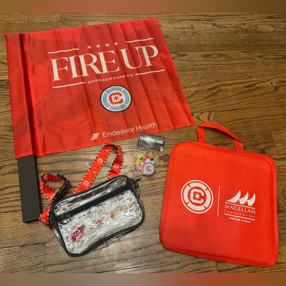Chicago Fire FC Fan Bundle Flag Clear Stadium Bag Lanyard Pins Magellan Tote NEW